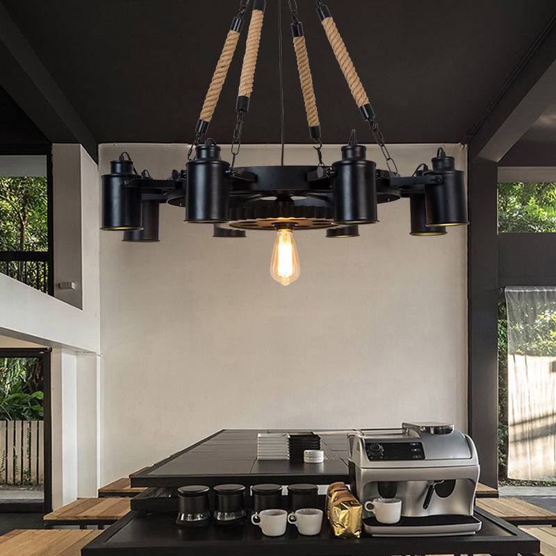 Rustic Iron Cylinder Chandelier With 9 Black Rope Heads And Gear Deco For Living Room Ceiling