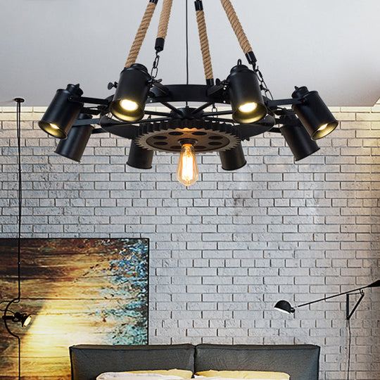 Rustic Iron Cylinder Chandelier With 9 Black Rope Heads And Gear Deco For Living Room Ceiling