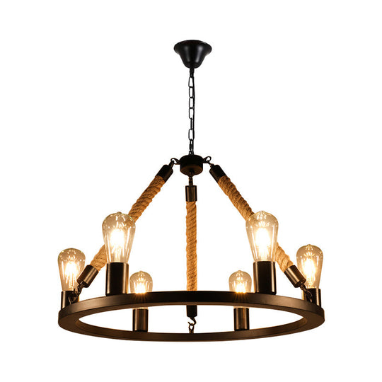 Industrial Metal Chandelier: Open Bulb 6/8-Light Rope Pendant Lamp Black With Ring Design - Dining