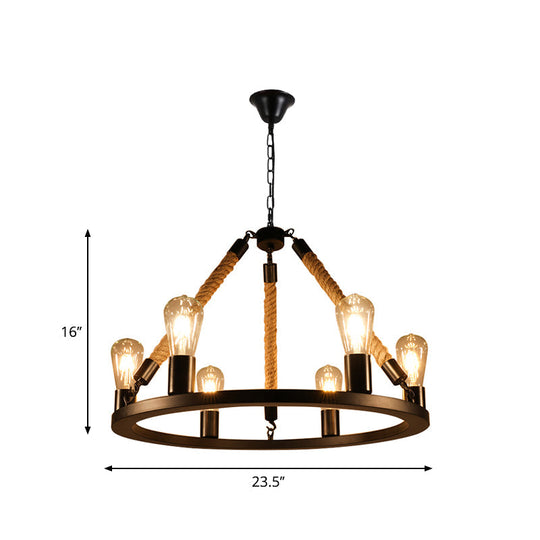 Industrial Metal Chandelier: Open Bulb 6/8-Light Rope Pendant Lamp Black With Ring Design - Dining