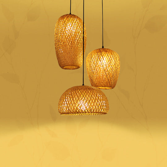 1/3-Bulb Beige Suspension Light With Bamboo Shade - Asian Style Mixed Shape/Ellipse/Droplet Hanging