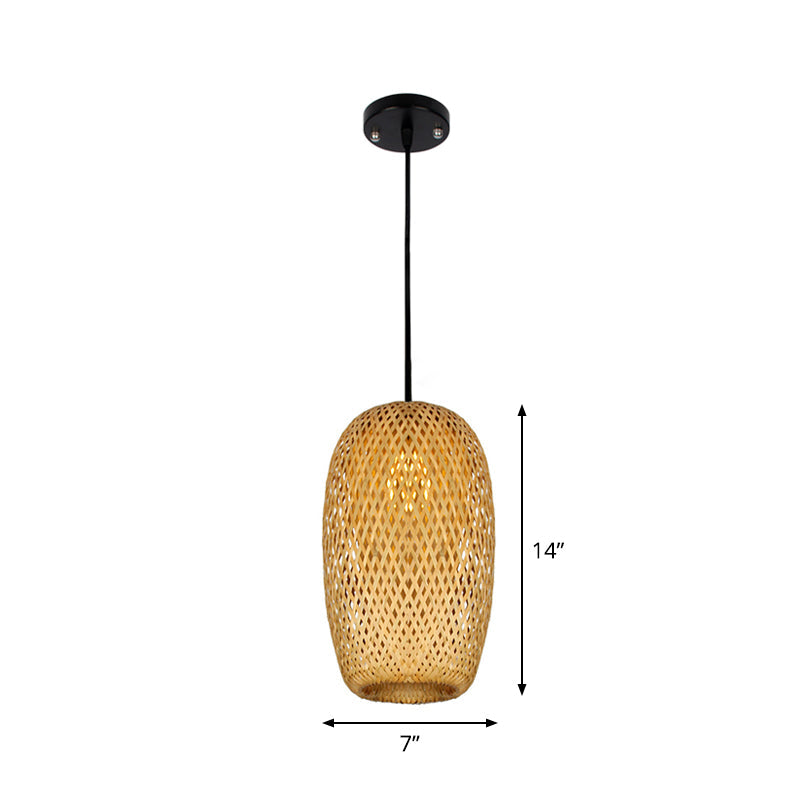 1/3-Bulb Beige Suspension Light With Bamboo Shade - Asian Style Mixed Shape/Ellipse/Droplet Hanging