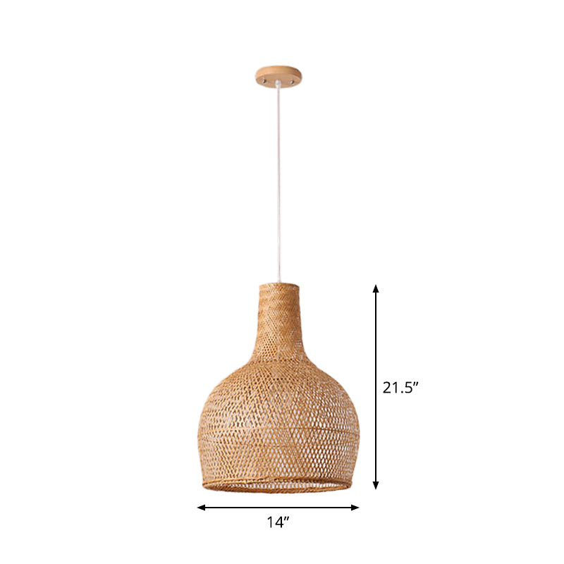 1-Head Asian Beige Bamboo Pendant Light With Bowl/Jar/Cloche Shade - Bistro Pendulum Design