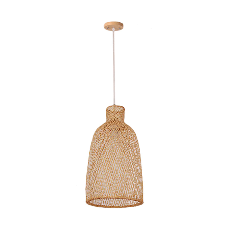 1-Head Asian Beige Bamboo Pendant Light With Bowl/Jar/Cloche Shade - Bistro Pendulum Design