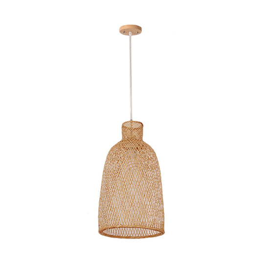 1-Head Asian Beige Bamboo Pendant Light With Bowl/Jar/Cloche Shade - Bistro Pendulum Design