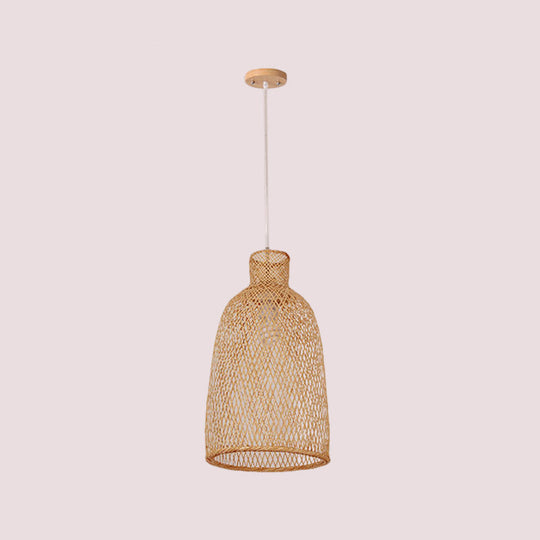 1-Head Asian Beige Bamboo Pendant Light With Bowl/Jar/Cloche Shade - Bistro Pendulum Design