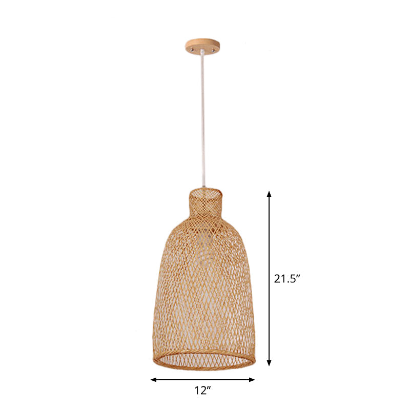 1-Head Asian Beige Bamboo Pendant Light With Bowl/Jar/Cloche Shade - Bistro Pendulum Design