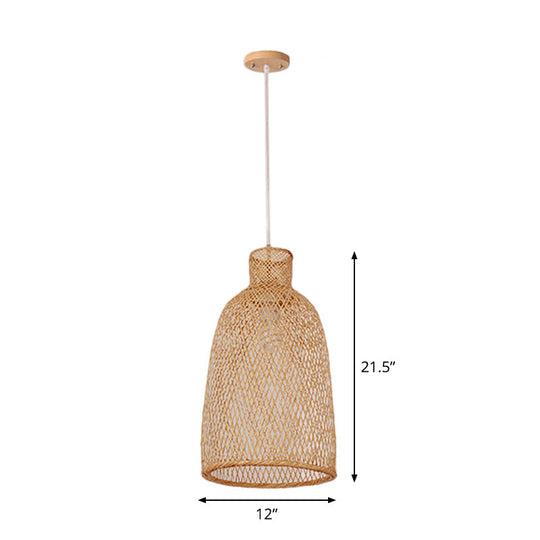 1-Head Asian Beige Bamboo Pendant Light With Bowl/Jar/Cloche Shade - Bistro Pendulum Design