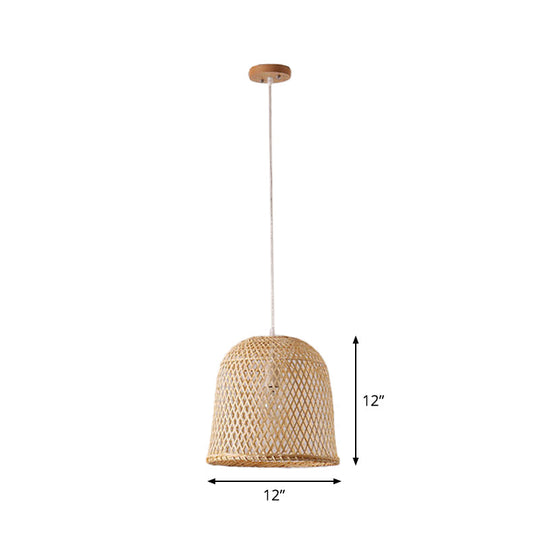 1-Head Asian Beige Bamboo Pendant Light With Bowl/Jar/Cloche Shade - Bistro Pendulum Design