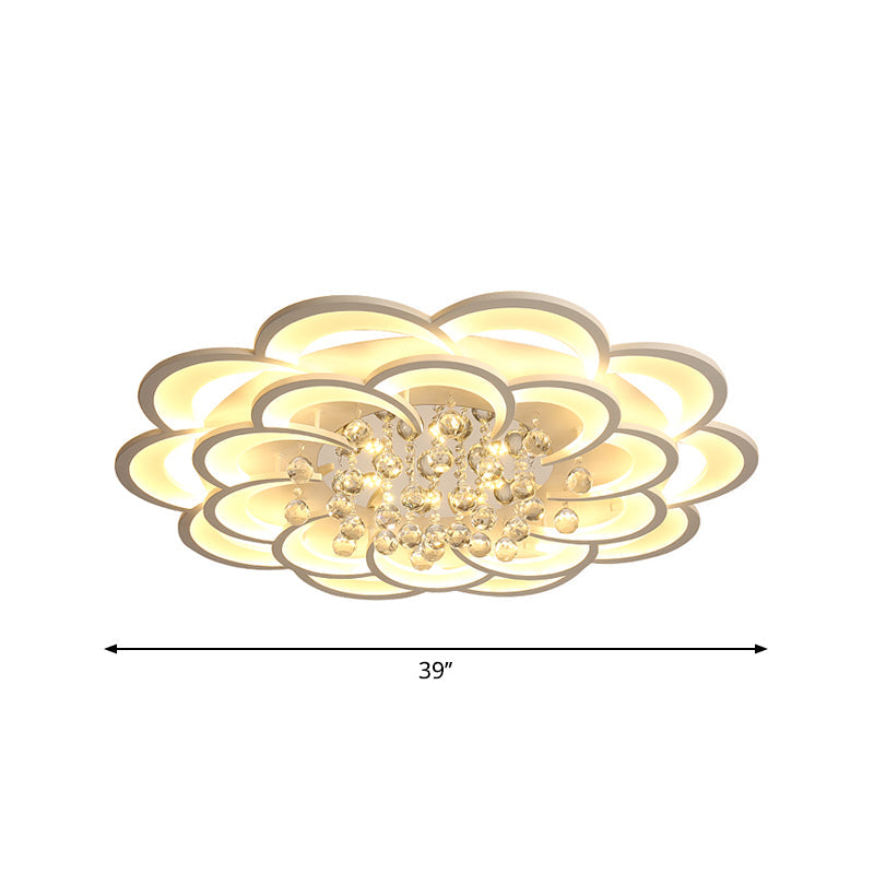 Modern Floral Girls Bedroom Led Flush Ceiling Light With Crystal Ball Drop In White - 20.5/31.5/47