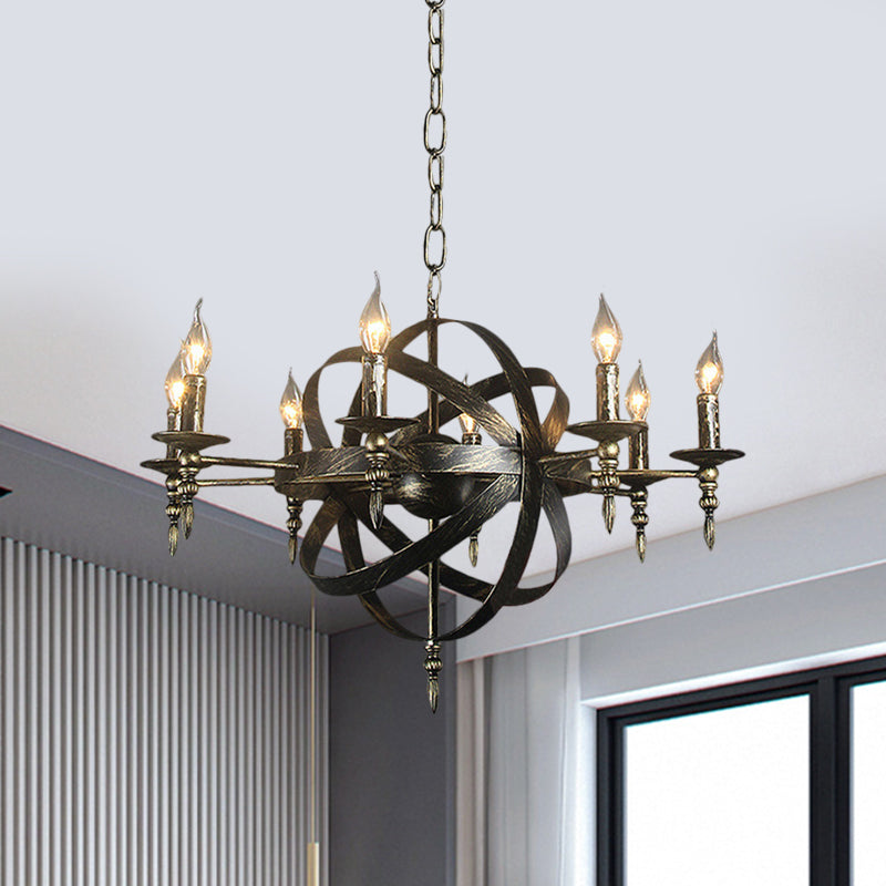 Metallic Chandelier With Spherical Cage Shade - Vintage 6/8 Head Ceiling Light For Restaurants In