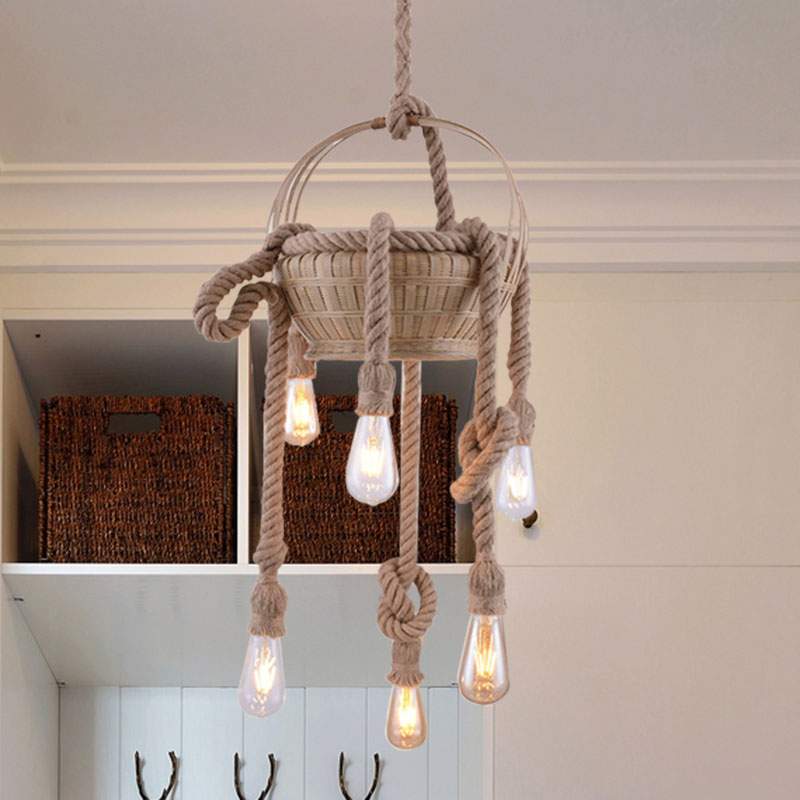 Vintage Beige Hemp Rope Chandelier - Rustic Hanging Light For Living Room 6 /