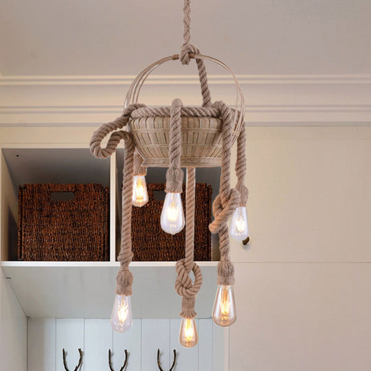 Vintage Beige Hemp Rope Chandelier - Rustic Hanging Light For Living Room 6 /