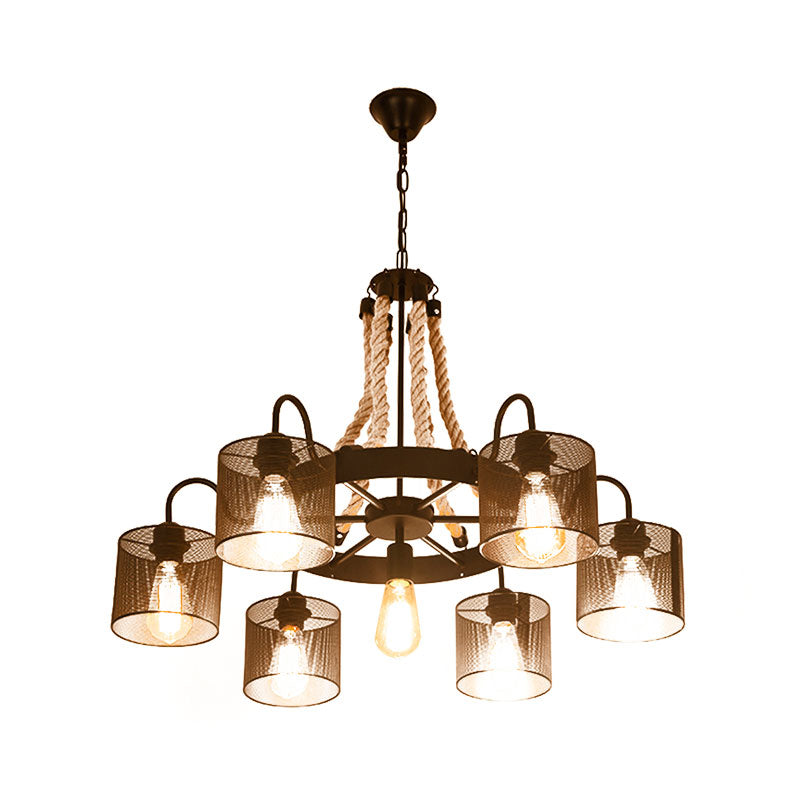 Vintage Style Cylinder Mesh Metal Shade Chandelier: 6-Head Restaurant Hanging Light In Beige