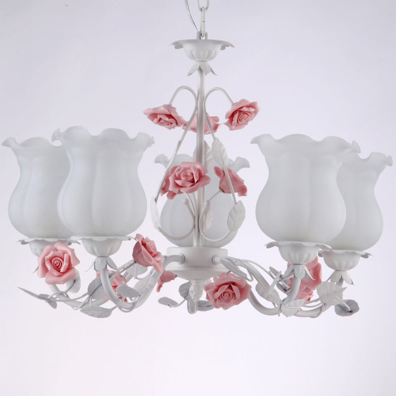 American Garden Flower Chandelier Light - 5-Light White Pendant Ceiling Fixture With Frosted Glass