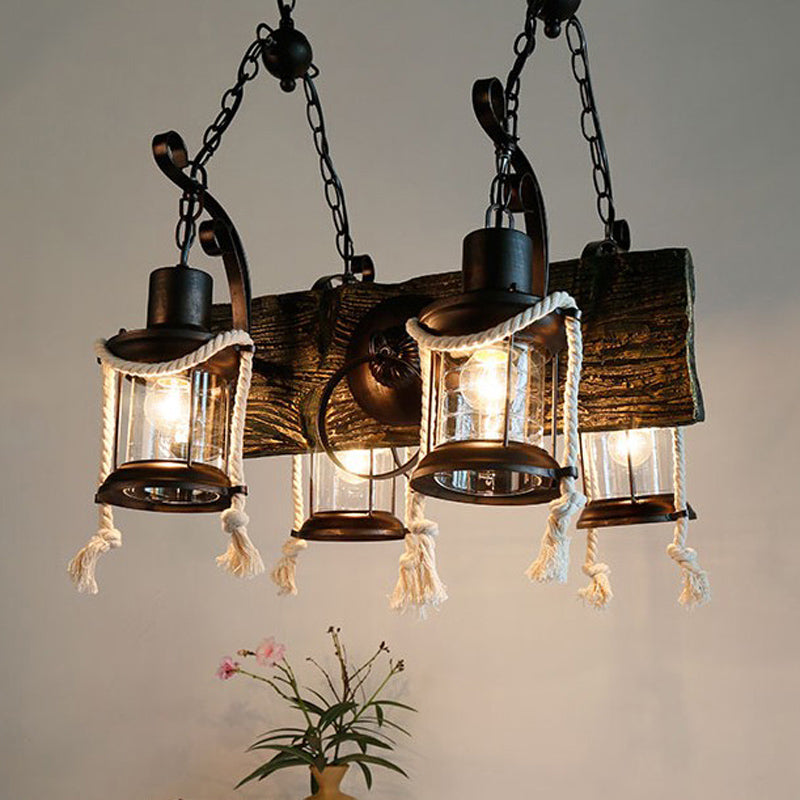 Industrial Clear Glass Chandelier With Wood Accents For Restaurant Ceiling - 4/6 Heads Lantern