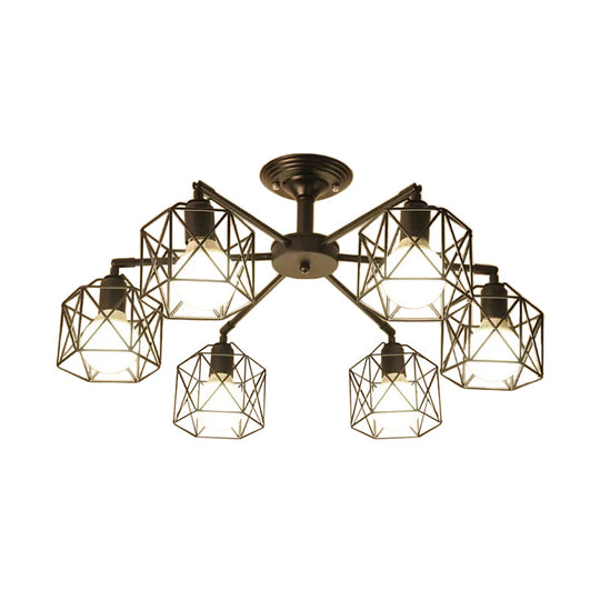 Iron Wire Cage Rotating Ceiling Chandelier - Warehouse Pendant Lamp 4/6/8-Light In Black