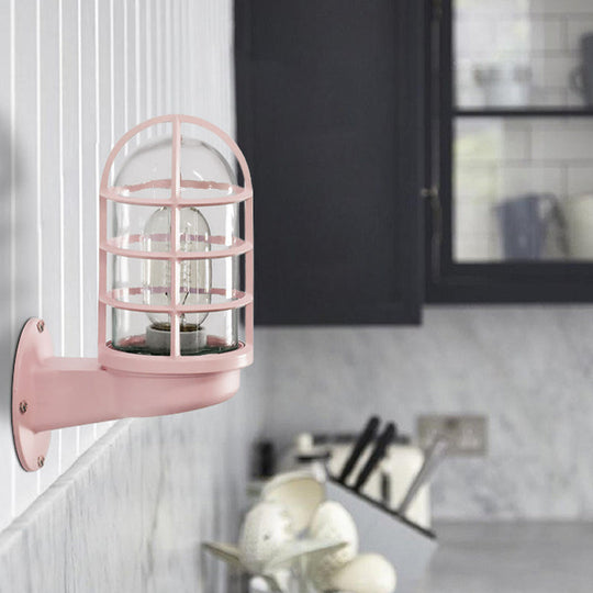 Single Transparent Glass Wall Lamp With Wire Cage - Loft Capsule In Pink/Blue/Rust Pink