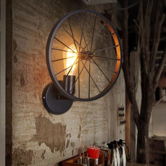 Decorative Metallic 1-Head Wall Sconce Lighting In Black - Wheel Design