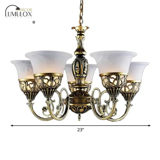 Vintage Bell Hanging Ceiling Light 5 Bulbs Opal Frosted Glass Chandelier With Scroll Arm In Bronze