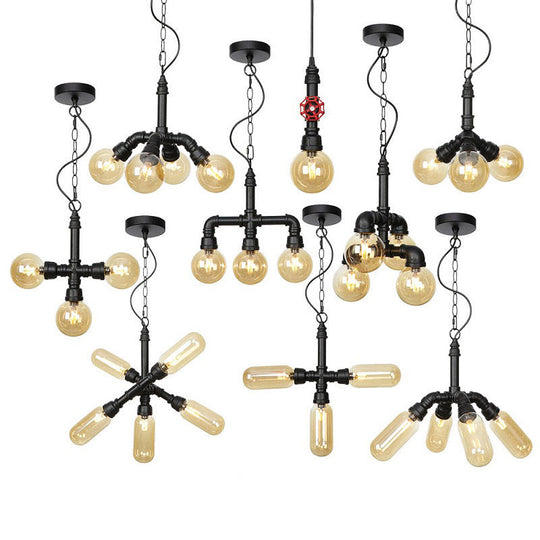 Vintage Amber/Clear Glass Chandelier Pendant Lamp - 4 Lights Global Black Hanging Ceiling Fixture