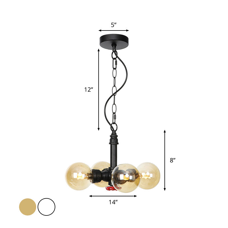 Vintage Amber/Clear Glass Chandelier Pendant Lamp - 4 Lights Global Black Hanging Ceiling Fixture