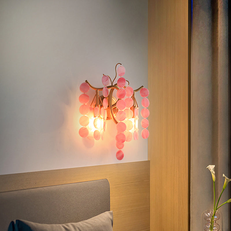 Modernist Metal 2-Head Wall Light Fixture In Brass With Crystal Deco - Bedroom Sconce Lighting Pink