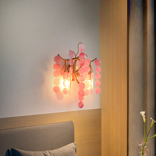 Modernist Metal 2-Head Wall Light Fixture In Brass With Crystal Deco - Bedroom Sconce Lighting Pink