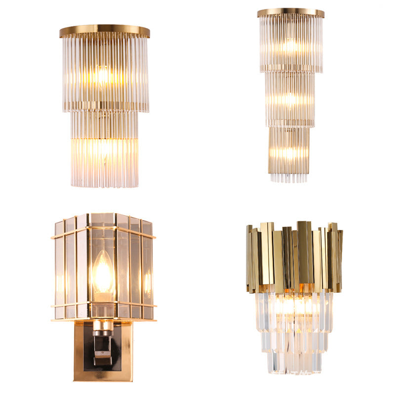 Gold Crystal Bedside Wall Sconce With 2/3 Tiers And 1/3 Light - Postmodern Triangle Design