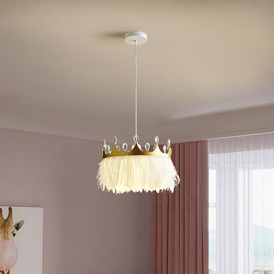 Gold Crown Shaped Kids Bedroom Pendant Lamp Feather Nordic Hanging Light - 1-Light Fixture