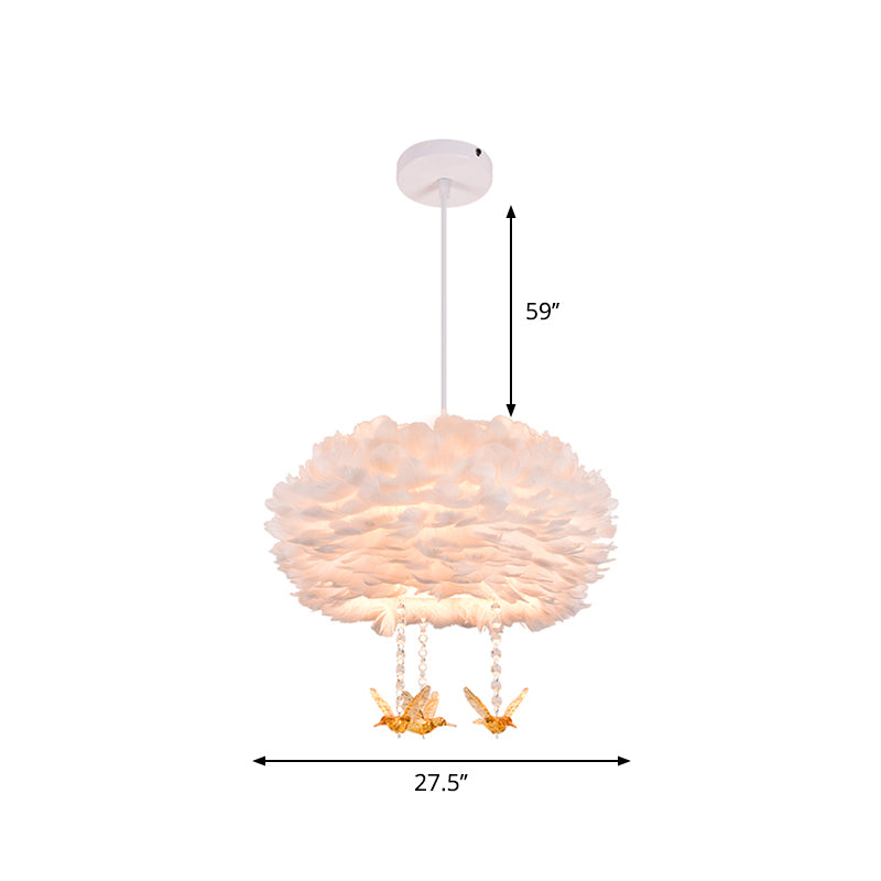 Nordic White Chandelier With Goose Feather Drums Bird Deco & 5 Lights - 16-31.5 Width