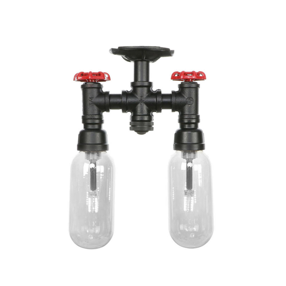 Vintage Matte Black Semi Mount Ceiling Light With Clear Glass Shades - 2-Light Capsule Design