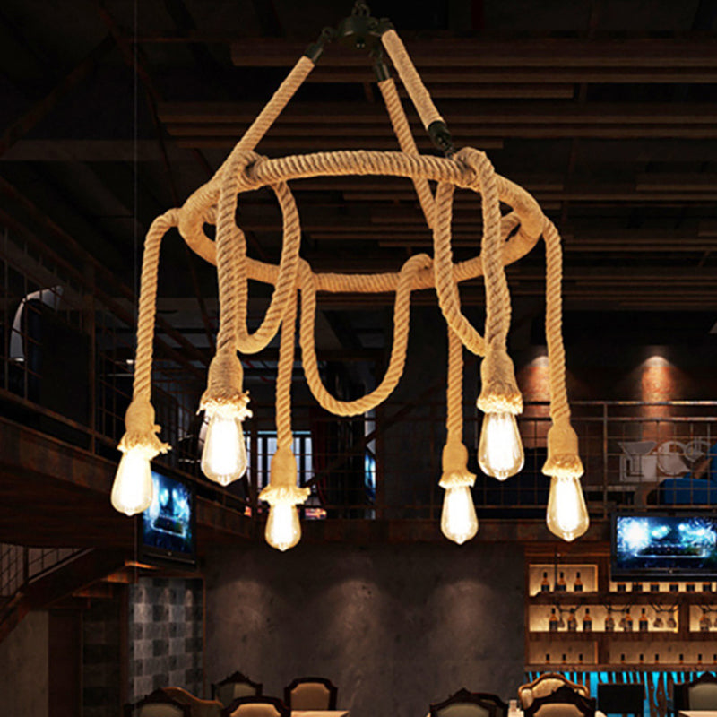 Hemp Rope Chandelier Pendant Light Kit In Antiqued Beige For Restaurants With Exposed Bulb