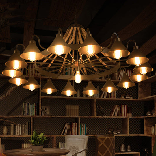 Industrial Metal Black Chandelier With Cone & Rope Design And Wagon Wheel Suspension