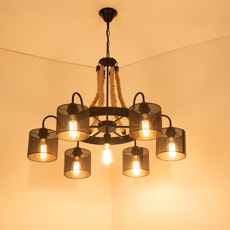 Factory Dining Room Chandelier: Wagon Wheel Metal Pendant Light Kit With Jute Rope In Black / C