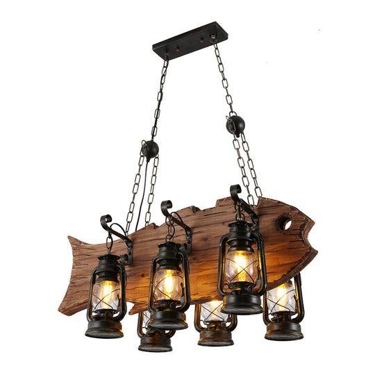Coastal Black Kerosene Chandelier With Clear Glass And Wood Fish - 6 Heads For Restaurant Pendant
