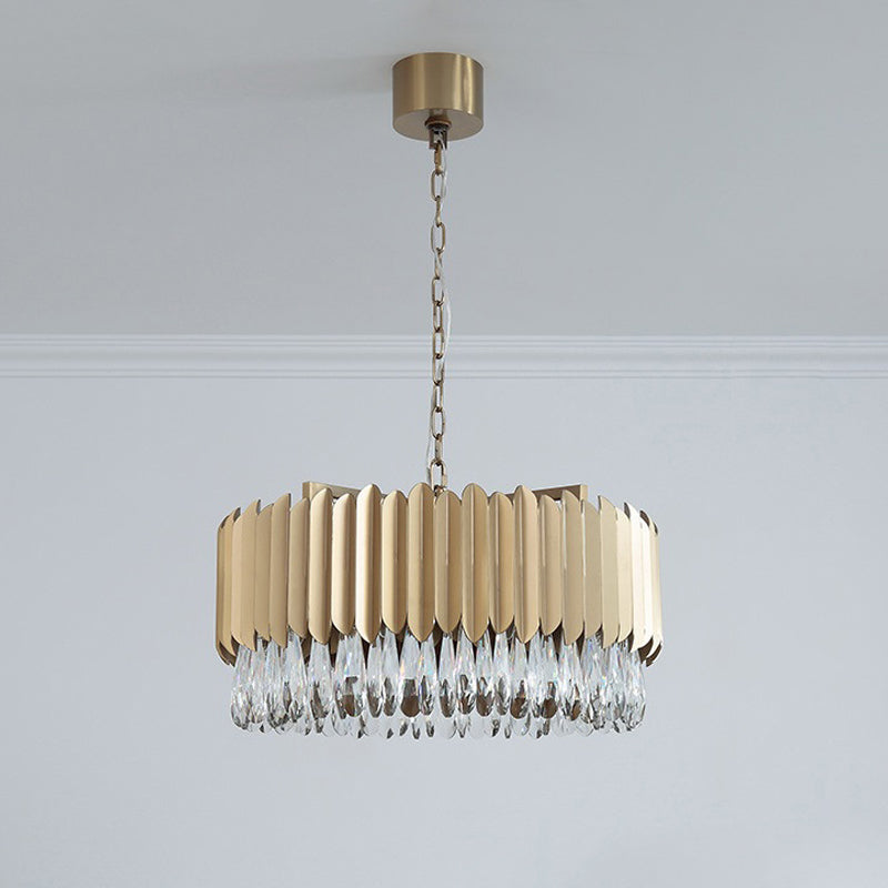 Minimalist Metal Drum Led Pendant Chandelier With Crystal Drip - 23.5/31.5 Width Black/Gold