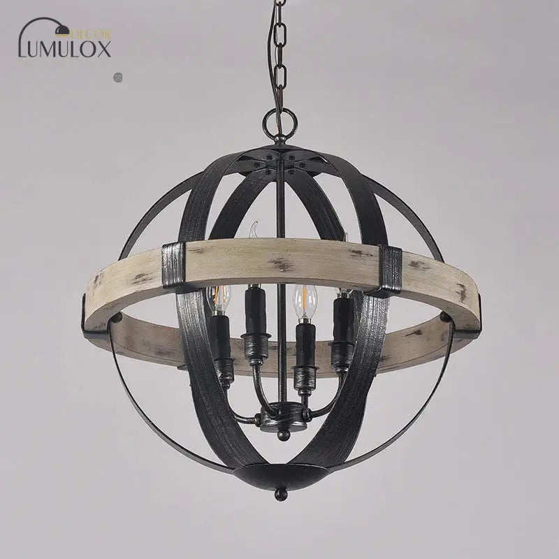 Country Style Wood Strap Globe Pendant Chandelier In Black