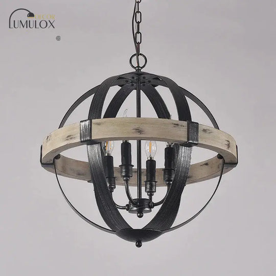 Country Style Wood Strap Globe Pendant Chandelier In Black