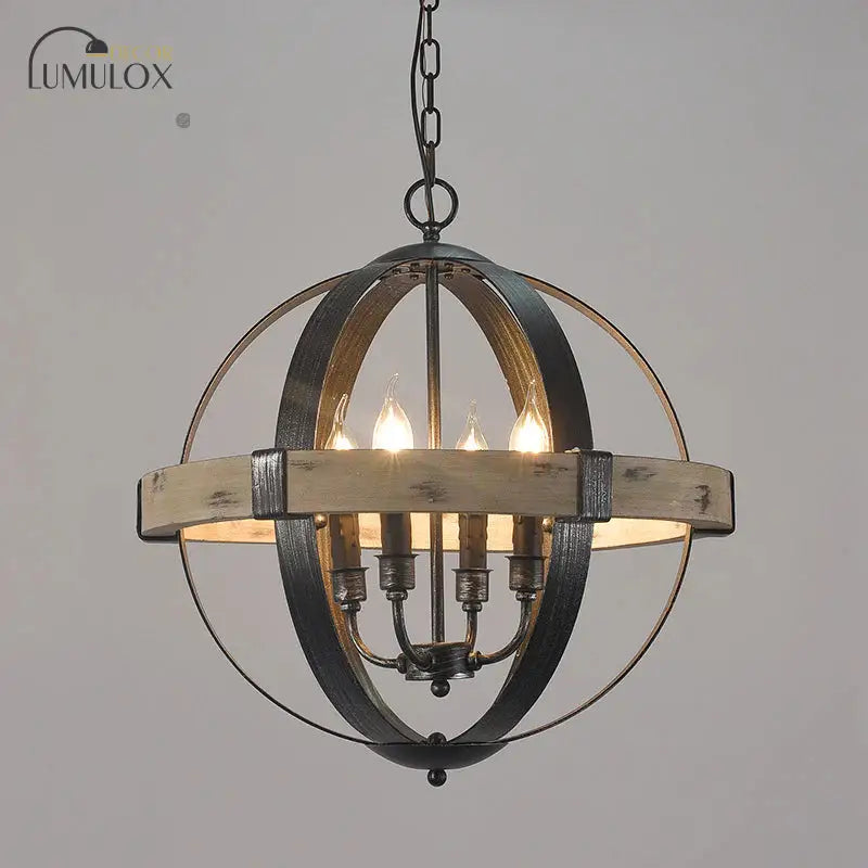 Country Style Wood Strap Globe Pendant Chandelier In Black