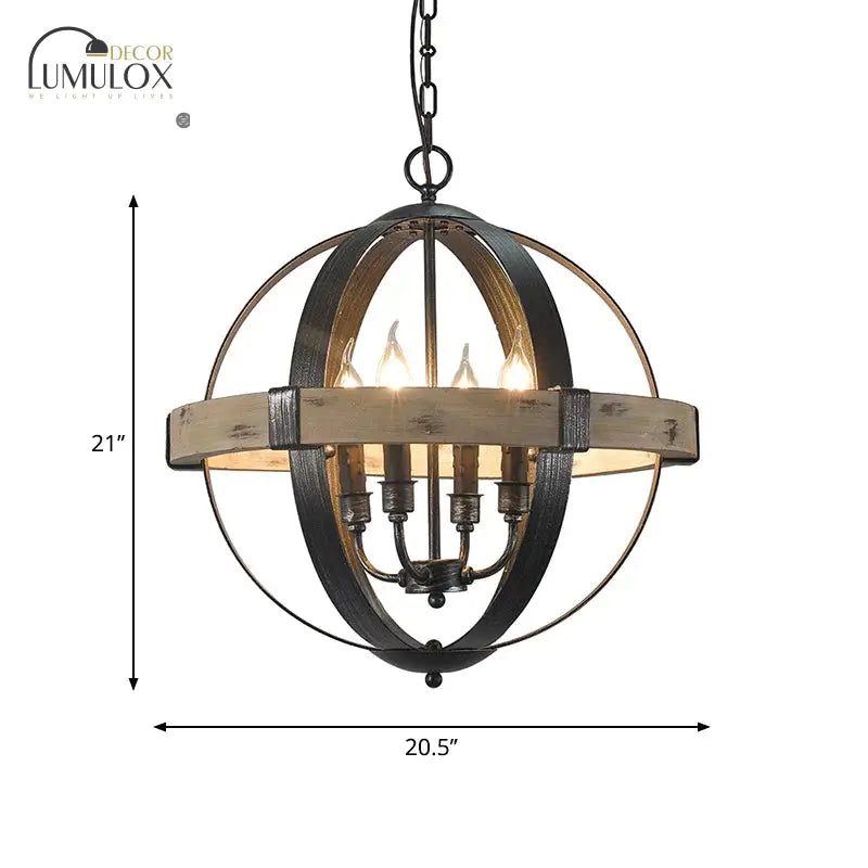 Country Style Wood Strap Globe Pendant Chandelier In Black