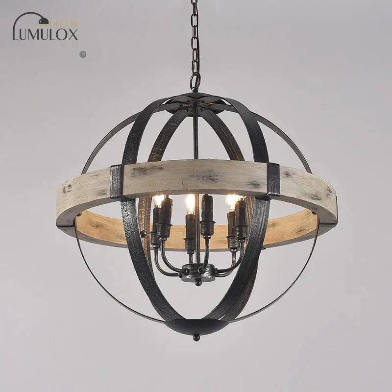 Country Style Wood Strap Globe Pendant Chandelier In Black