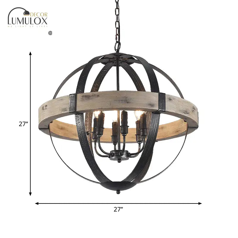 Country Style Wood Strap Globe Pendant Chandelier In Black