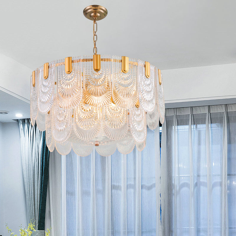 Clear Textured Glass Brass Drop Lamp - Scalloped Chandelier For Classic Dining Room