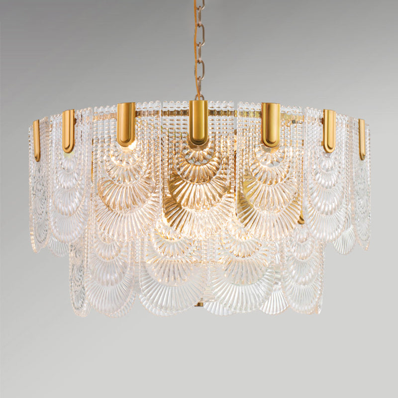 Clear Textured Glass Brass Drop Lamp - Scalloped Chandelier For Classic Dining Room