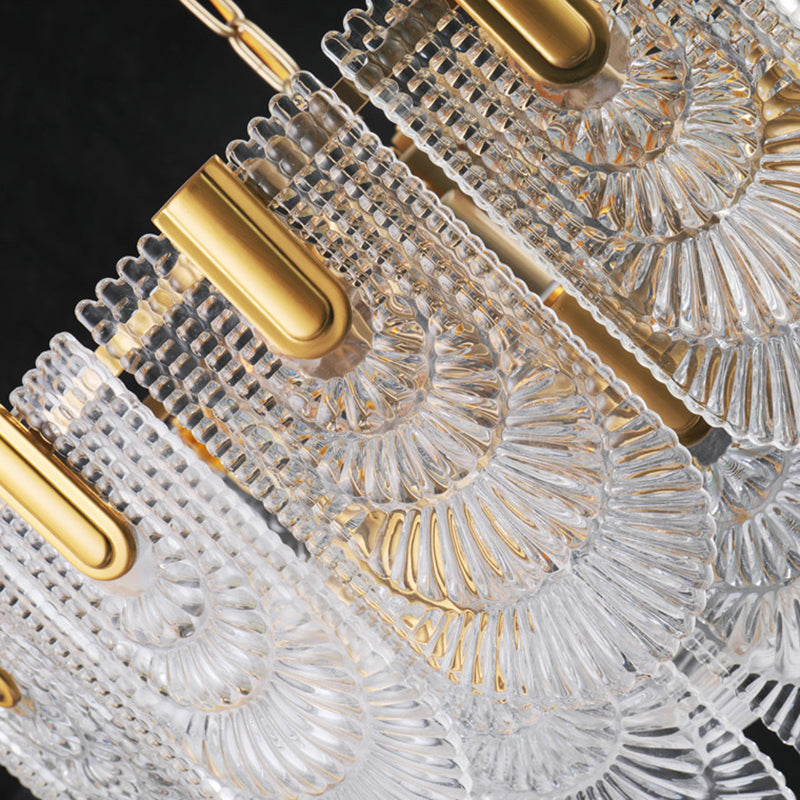 Clear Textured Glass Brass Drop Lamp - Scalloped Chandelier For Classic Dining Room