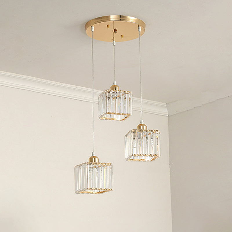 Beveled Crystal Cubic Pendant Suspension Light With Contemporary Swirl Design