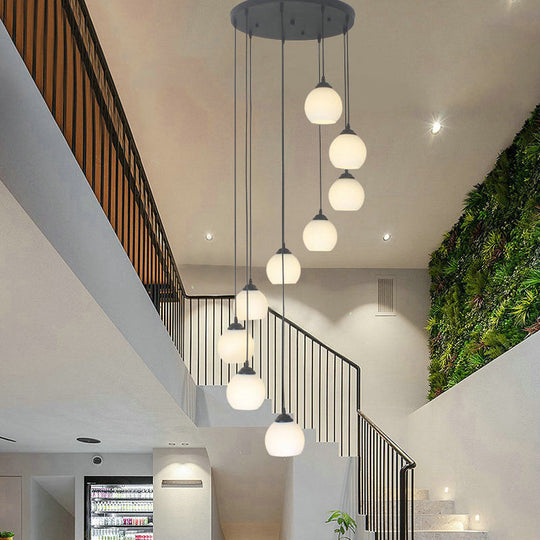 Spiral Milky Glass Multi Pendant Simple Hanging Ceiling Light In Black For Stairs Lighting