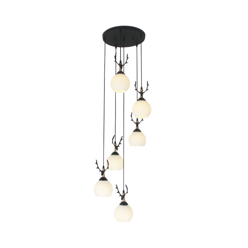 Spiral Milky Glass Multi Pendant Simple Hanging Ceiling Light In Black For Stairs Lighting