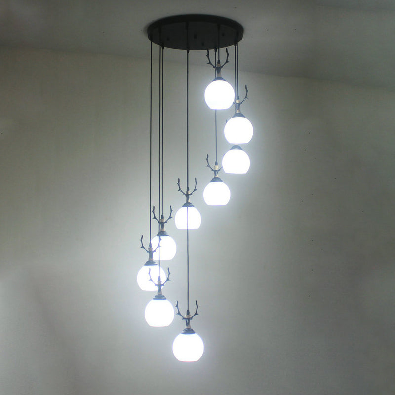 Spiral Milky Glass Multi Pendant Simple Hanging Ceiling Light In Black For Stairs Lighting